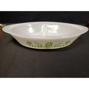 Glasbake‎ Green Daisy J2352 Oval Divided Bakeware Casserole Baking Dish Jeanette